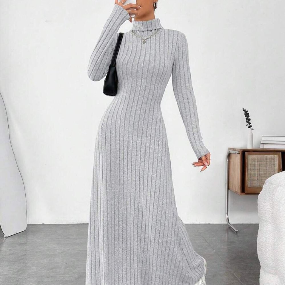Bodycon Long Sleeve Ribbed Dress - เดรสทรงเข้ารูปแขนยาวคอสูงสไตล์เรียบหรูสำหรับผู้หญิง ผ้าถักลายริ้วสีพื้น สวมใส่สบาย เหมาะสำหรับลุคสบายๆ