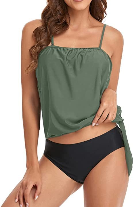 Tops - ชุดว่ายน้ำทูพีซแบบแทงกินี่สำหรับผู้หญิง เสื้อครอปท็อปสายเดี่ยว บิกินี่เอวสูง ลายดอกไม้ พร้อมเชือกผูกด้านข้าง