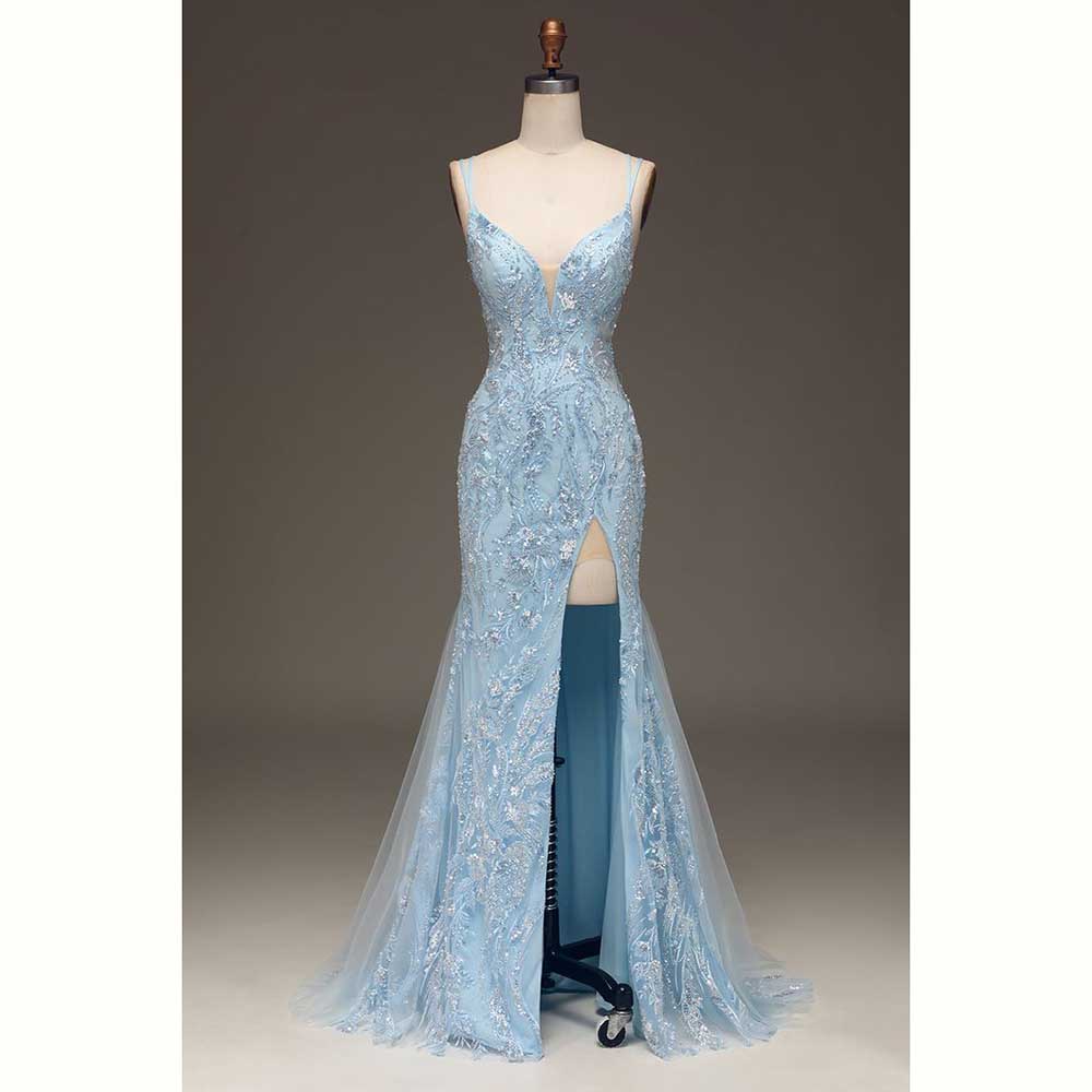 Elegant Satin Evening Gown Split - Elegant Light Blue ซาตินผู้หญิงชุดราตรีเซ็กซี่สูงด้านข้างแยกความยาวทรัมเป็ต Sweetheart หญิงพรหม