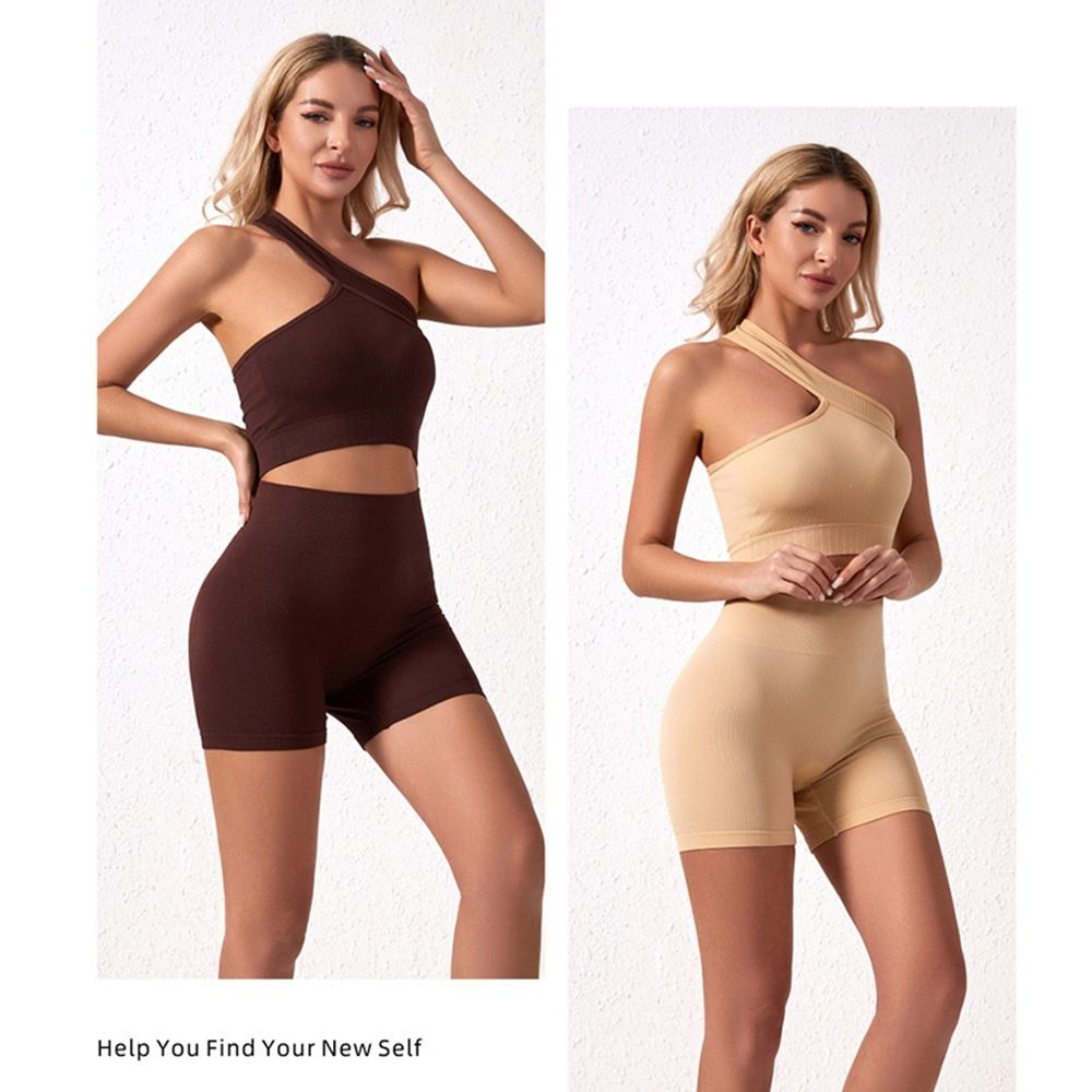 Seamless Ribbed Workout Tank Top - ชุดออกกำลังกายผู้หญิงแบบไร้ตะเข็บ 2 ชิ้น แบบใช้ซ้ำได้ ชุดโยคะเอวสูงแบบมีลายริ้ว เสื้อกล้ามไหล่เดียว