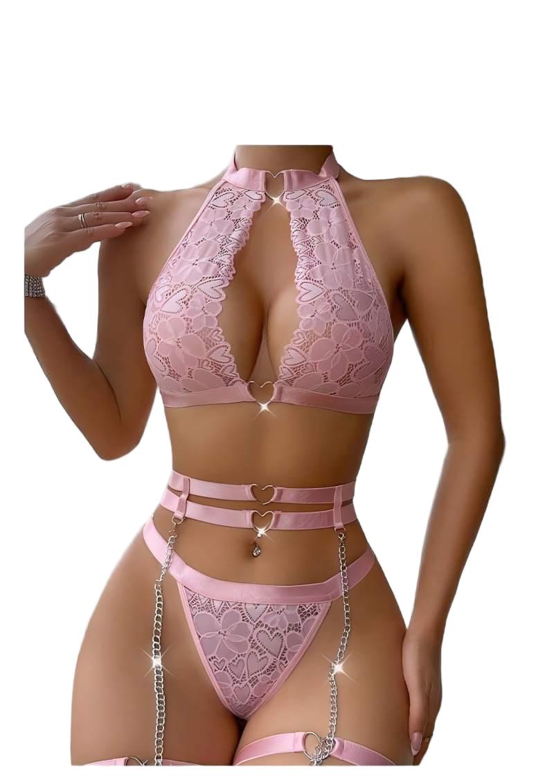 Lingerie - ชุดชั้นในเซ็กซี่แบบดันทรง พร้อมสายรัดถุงน่องและสร้อยคอ ชุดชั้นในผู้หญิงแบบมีโครงและจีสตริง ชุดชั้นในสตรี