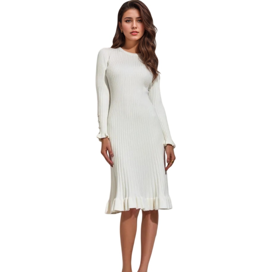 Bodycon Long Sleeve Ribbed Dress - เดรสไหมพรมแขนยาวทรงเข้ารูปสำหรับผู้หญิง - เดรสสเวตเตอร์สีขาวสุดหรู แฟชั่นฤดูหนาว ทรงเข้ารูป กระโปรงทรงเมอร์เมด
