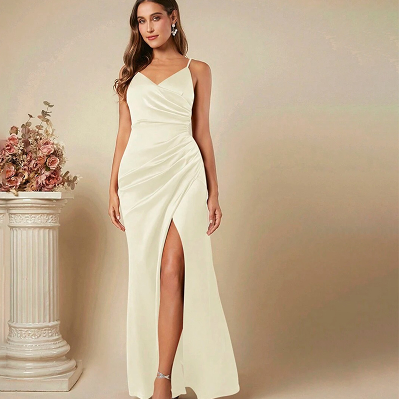 Elegant Satin Evening Gown Split - ผู้หญิงElegantซาตินSuspender Dress 2025 ฤดูร้อนใหม่เซ็กซี่BacklessสูงแยกพับVestidosชุดราตรีแขนกุดชุด