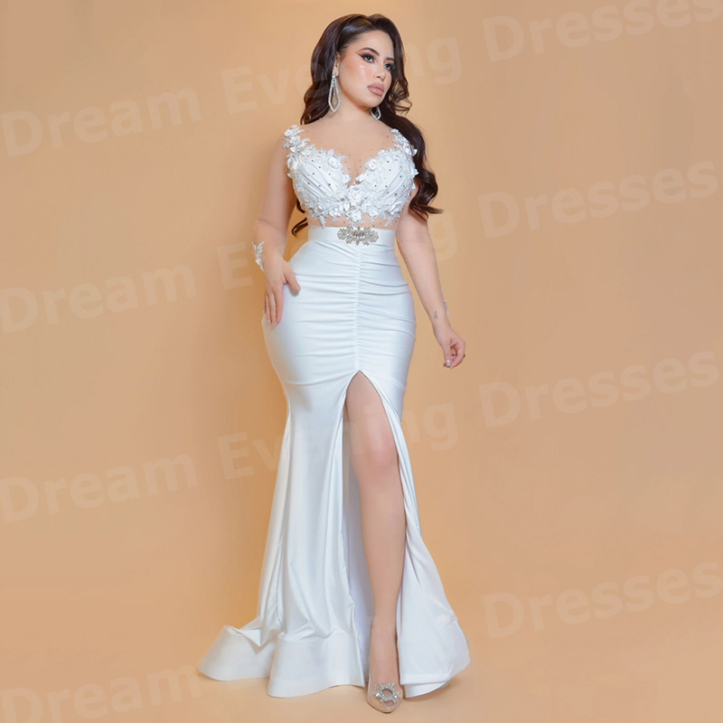 Elegant Satin Evening Gown Split - ชุดราตรีสีขาวทรงเมอร์เมดสำหรับผู้หญิง แขนยาว ตกแต่งด้วยลูกไม้แบบสั่งทำพิเศษ ชุดออกงานพรอม ดีไซน์เซ็กซี่ ผ่าข้าง