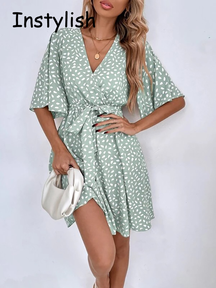 French Vintage Floral Midi Dress - ชุดมินิเดรสลายจุดลำลองพร้อมเข็มขัดชุดเดรสสั้นสไตล์ฮาราจูกุวินเทจแขนสั้นคอวี