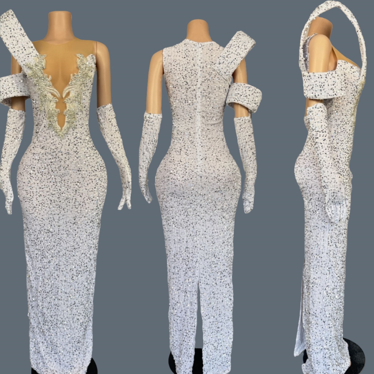 Sparkly Rhinestone Club Party Dress - เดรสยาวคอวีลึกประดับเพชรระยิบระยับ สำหรับงานปาร์ตี้ งานเทศกาล งานเฉลิมฉลอง ชุดราตรีสีขาวเข้ารูป แฟชั่นคูตูร์