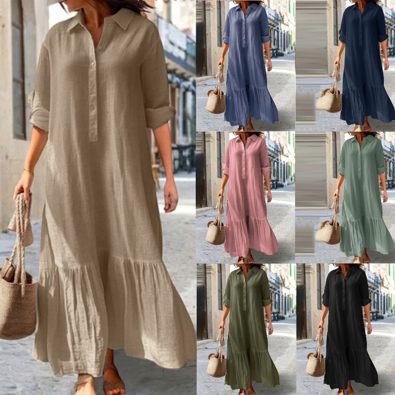 Casual Loose Linen Shirt Dress - ชุดเดรสผ้าลินินผู้หญิงปี 2025 - ชุดเดรสลำลองติดกระดุมชายไม่สมมาตร