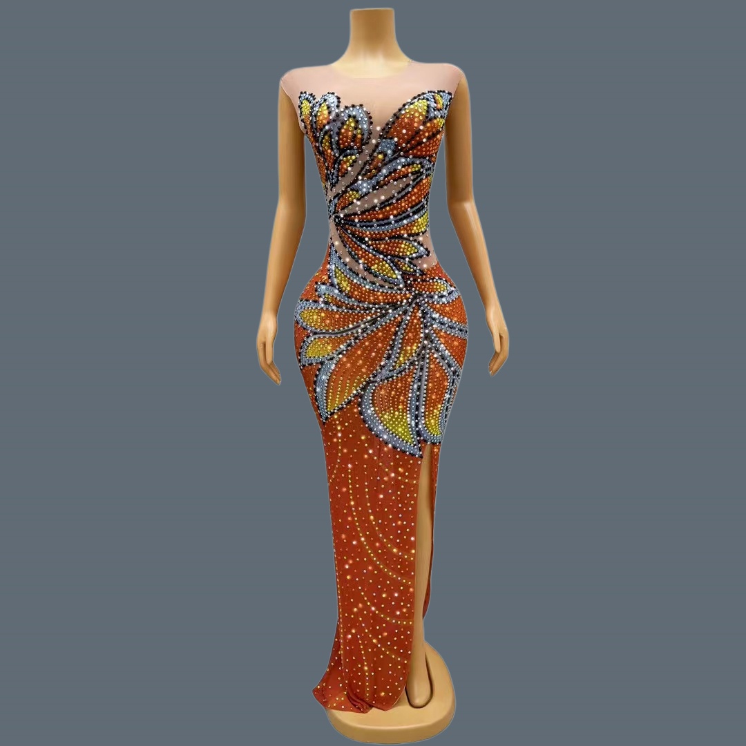 Sparkly Rhinestone Club Party Dress - ชุดเดรสยาวผ้าตาข่ายแขนกุดสำหรับผู้หญิง ประดับลายผีเสื้อมงกุฎ ประดับคริสตัลวิบวับ ผ่าสูง เหมาะสำหรับงานวันเกิด งานเลี้ยงฉลอง