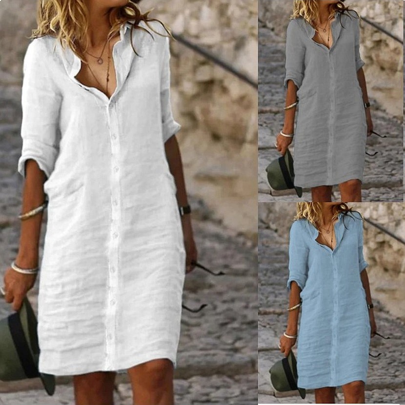 Casual Loose Linen Shirt Dress - เดรสเชิ้ตทรงหลวมติดกระดุม ความยาวระดับกลาง ผ้าฝ้ายลินิน เสื้อเบลาส์สำหรับฤดูใบไม้ผลิและฤดูร้อน