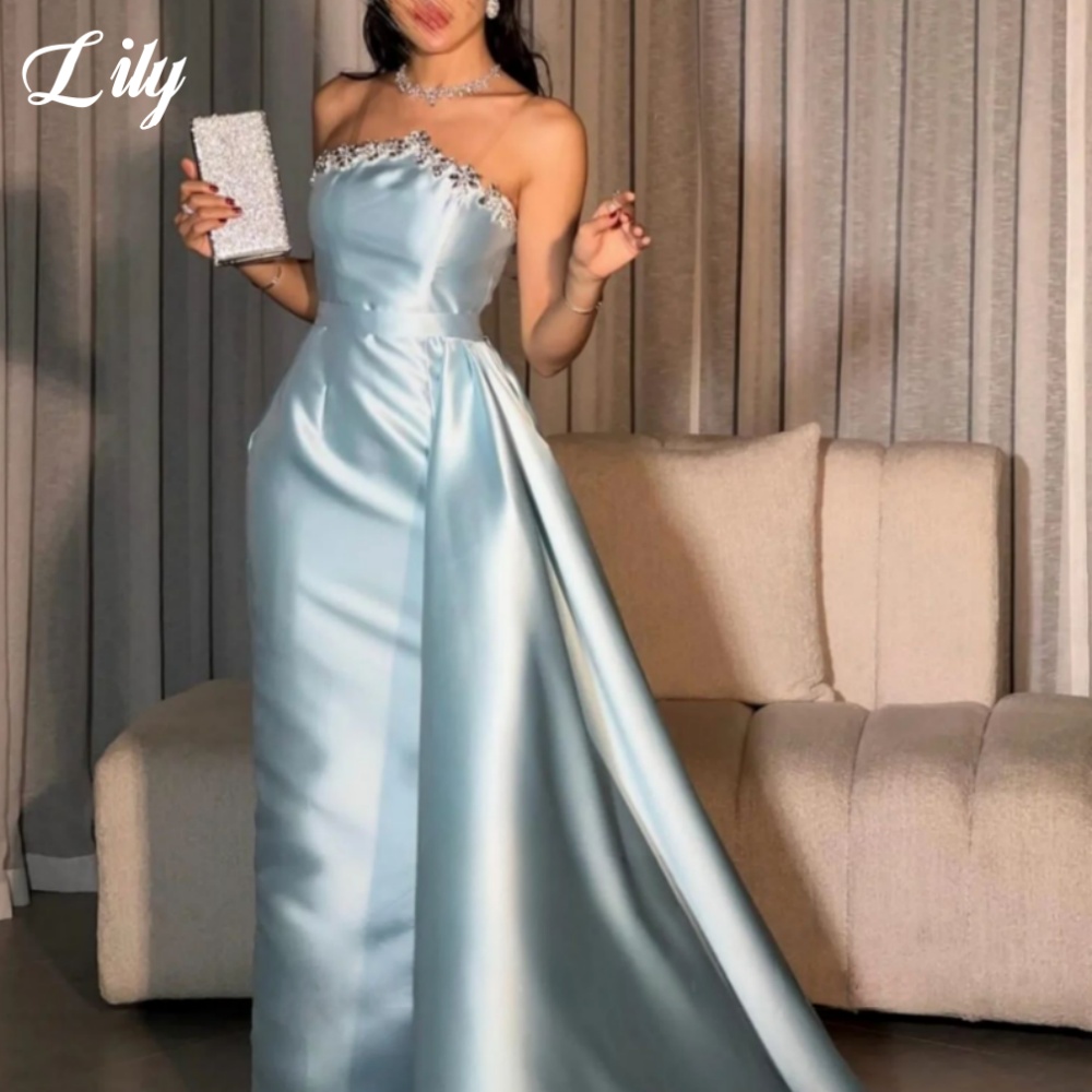 Elegant Satin Evening Gown Split - Lily Blue Elegant ชุดอย่างเป็นทางการ Rhinestones เงา