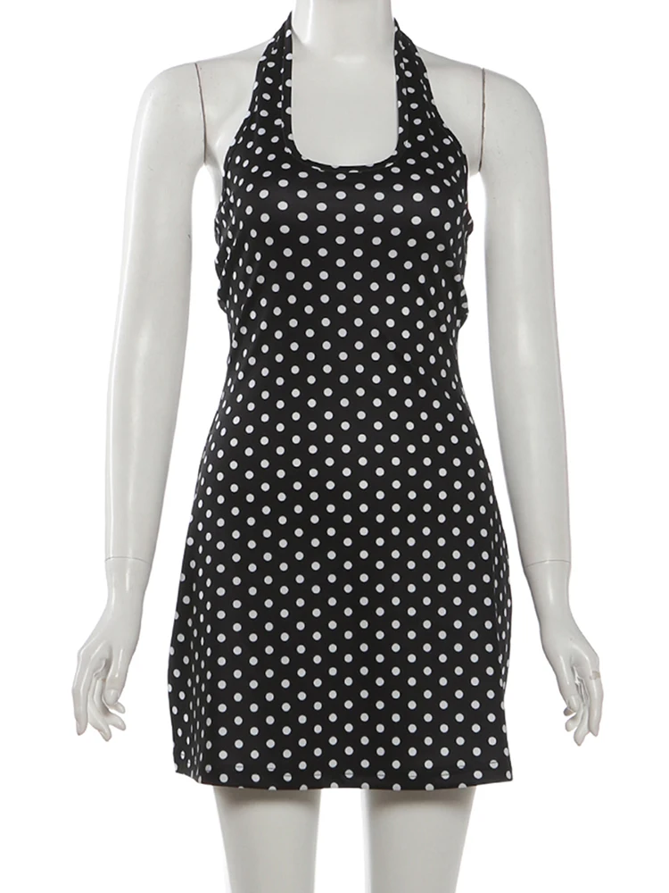 Y2K Backless Halter Mini Dress - FDEY เทรนด์ชุดเดรสเซ็กซี่โชว์หลังผู้หญิงเทรนด์ฤดูร้อนลายจุดพิมพ์ลายเชือกคล้องคอคอต่ำผ้ายืดสไตล์ Y2K บอดี้คอน