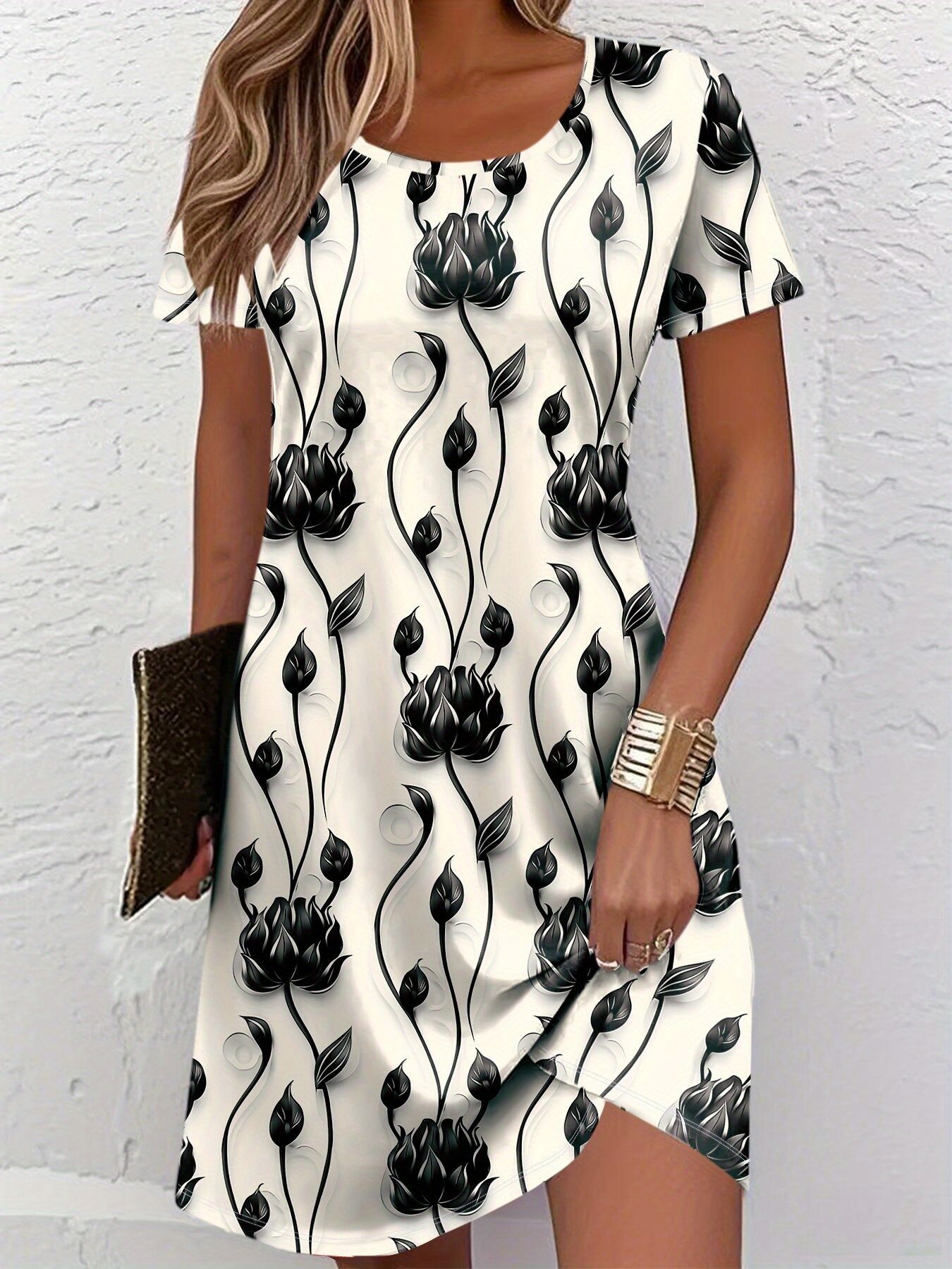 French Vintage Floral Midi Dress - เดรสผู้หญิงทรงหลวมพิมพ์ลายดอกไม้ 3 มิติ สไตล์วินเทจ เซ็กซี่ สวยสง่า
