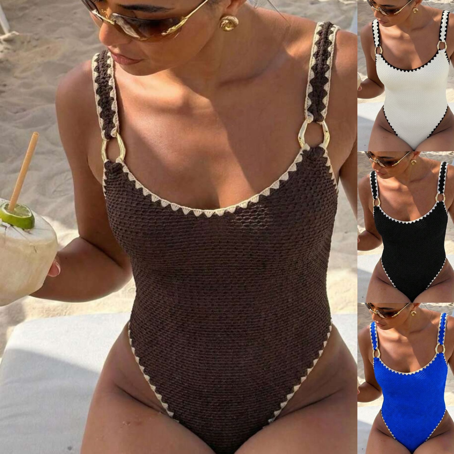 Swimwear - ชุดว่ายน้ำผู้หญิง ชุดว่ายน้ำแขนกุด สีพื้น เอวสูง คอวี ตัดหลัง