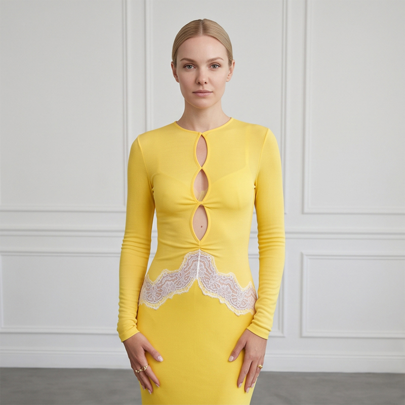 Bodycon Long Sleeve Ribbed Dress - ชุดเดรสยาวแขนยาวสีเหลืองลูกไม้ฉลุลายสำหรับผู้หญิง ดีไซน์เก๋ไก๋ คอเว้าแบบคีย์โฮล ทรงเข้ารูป ชุดออกงานกลางคืน 2026