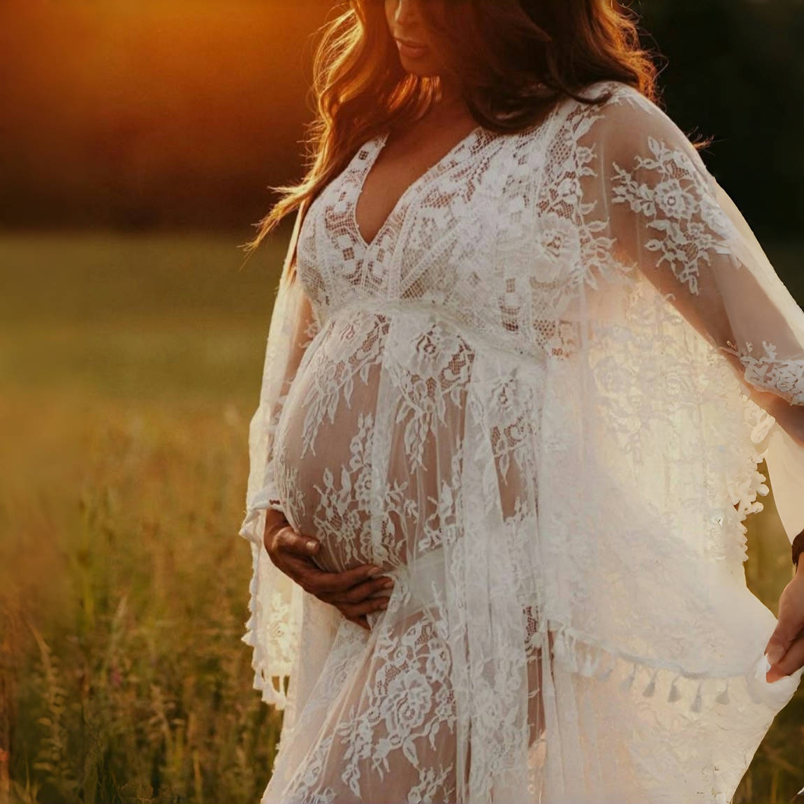 Boho Summer Beach Maxi Dress - ชุดเดรสยาวถ่ายภาพคนท้องสไตล์โบฮีเมียน แต่งลูกไม้ พู่ห้อย สำหรับถ่ายภาพคนท้อง ชุดเดรสยาว