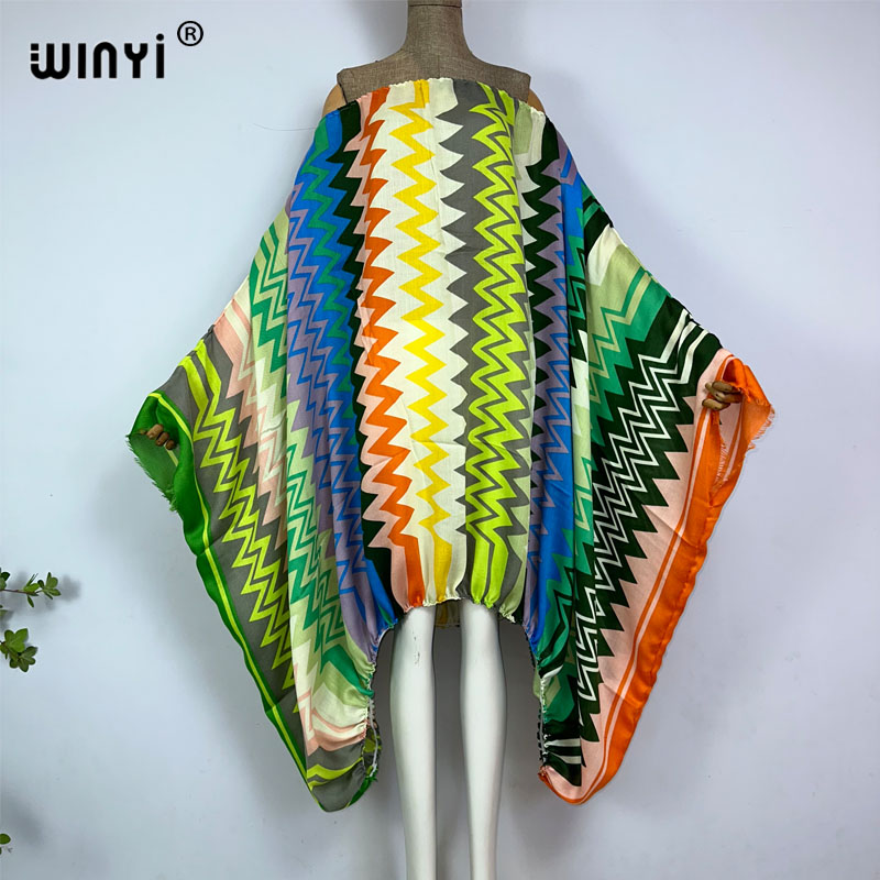 Boho Summer Beach Maxi Dress - WINYI ชุดเดรสยาวเซ็กซี่สำหรับผู้หญิง คอเดียว สไตล์โบโฮ ลายพิมพ์สีสันสดใส แขนทรงปีกค้างคาว