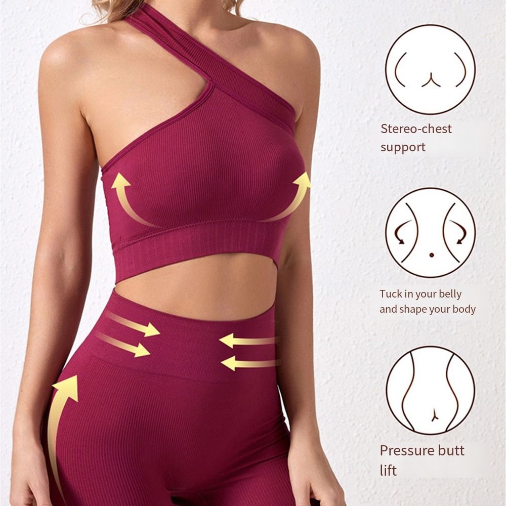 Seamless Ribbed Workout Tank Top - ชุดออกกำลังกายผู้หญิงไร้รอยต่อ 2 ชิ้น สวมใส่สบาย เสื้อกล้ามไหล่เดียวผ้าร่อง และสปอร์ตบราเอวสูง
