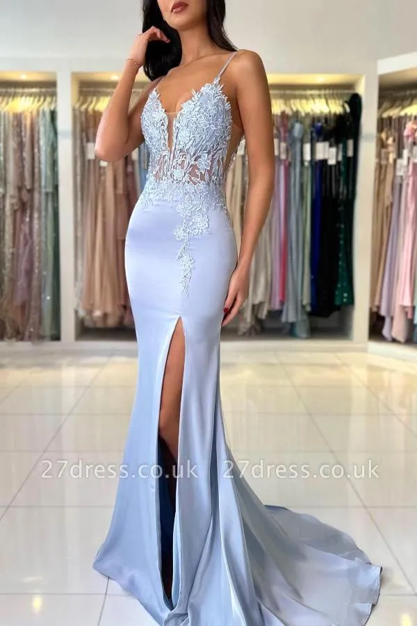 Elegant Satin Evening Gown Split - ชุดราตรีสีฟ้าอ่อนสไตล์เมอร์เมดสุดหรู สายเดี่ยวแบบสปาเก็ตตี้ คอวี ประดับด้วยลายปัก ผ่าข้าง