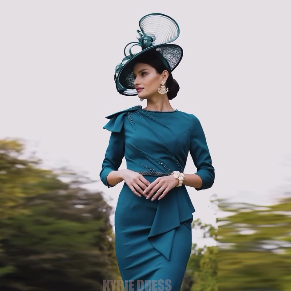 Elegant Satin Evening Gown Split - ชุดแม่เจ้าสาวสุดหรู แขน 3/4 คอวี จับจีบ แต่งลูกปัด