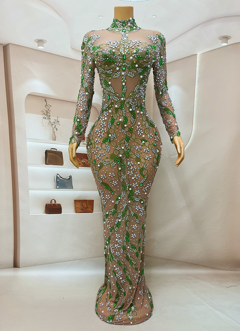 Sparkly Rhinestone Club Party Dress - ชุดเดรสยาวชุดออกงานกลางคืนสวยงามสำหรับฉลองวันเกิดชุดเดรสปาร์ตี้สุดหรูนักเต้นประดับพลอยเทียมขนาดใหญ่แวววาว
