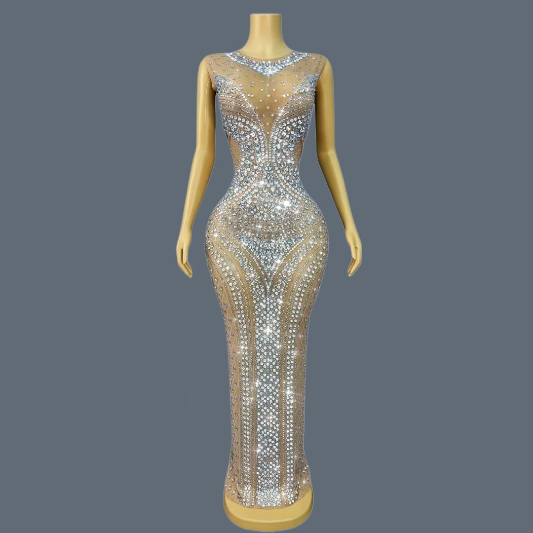 Sparkly Rhinestone Club Party Dress - ชุดเดรสราตรีแขนกุดประดับเพชรระยิบระยับสำหรับผู้หญิง ชุดปาร์ตี้กลางคืน ชุดวันเกิด ชุดแสดงบนเวที บาร์ คลับ