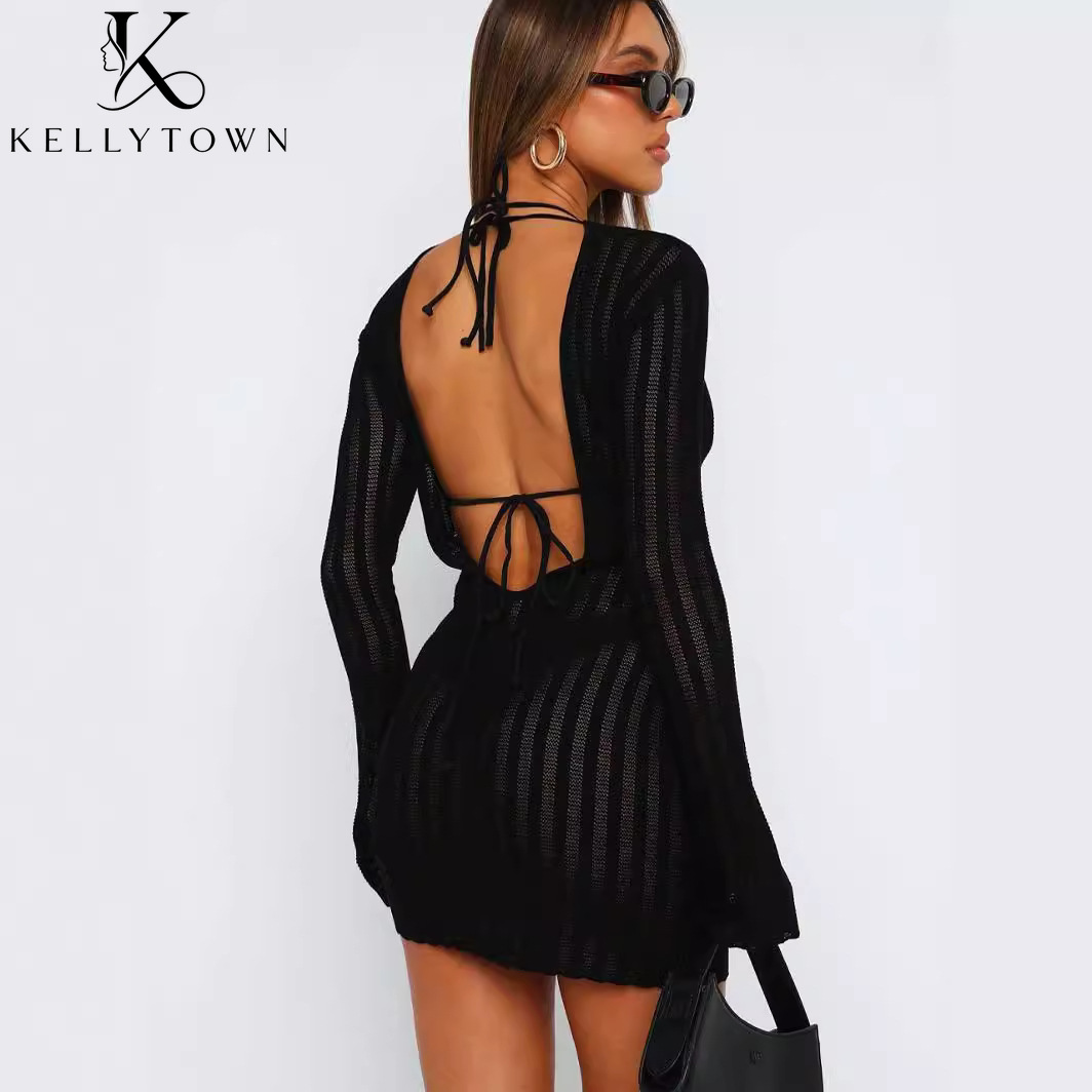 Bodycon Long Sleeve Ribbed Dress - เดรสเปิดหลัง เซ็กซี่ ผ้าริบถัก ทรงมินิเดรส สำหรับผู้หญิง ชุดฤดูใบไม้ร่วง
