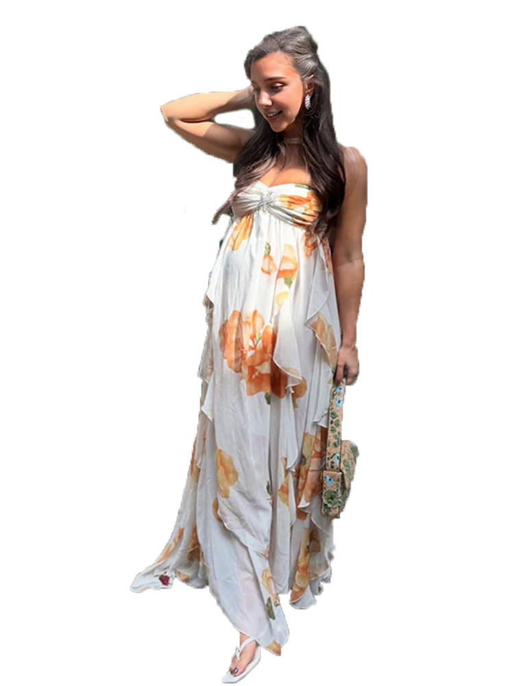 Boho Summer Beach Maxi Dress - ชุดเดรสถ่ายภาพคนท้องสไตล์โบฮีเมียนลายดอกไม้ ผ้าชีฟองยาวแบบผูกคอ ชุดคลุมท้องสำหรับถ่ายภาพช่วงฤดูร้อน ชุดสำหรับงานเลี้ยงฉลองก่อนคลอด ชุดถ่ายภาพบูติก