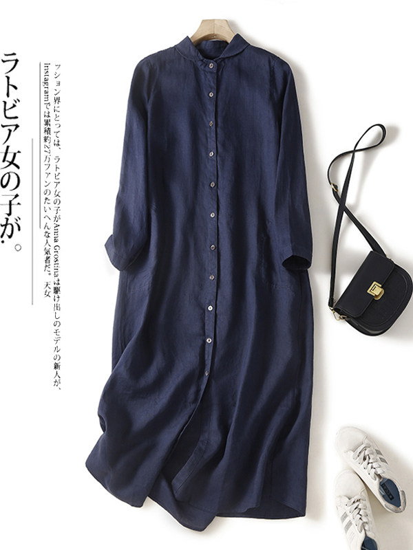 Casual Loose Linen Shirt Dress - เดรสเชิ้ตผ้าฝ้ายลินินทรงหลวม แขนยาว กระดุมเดี่ยว คอตั้ง กระโปรงยาวปานกลาง สำหรับใส่ทำงานหรือเดินทาง