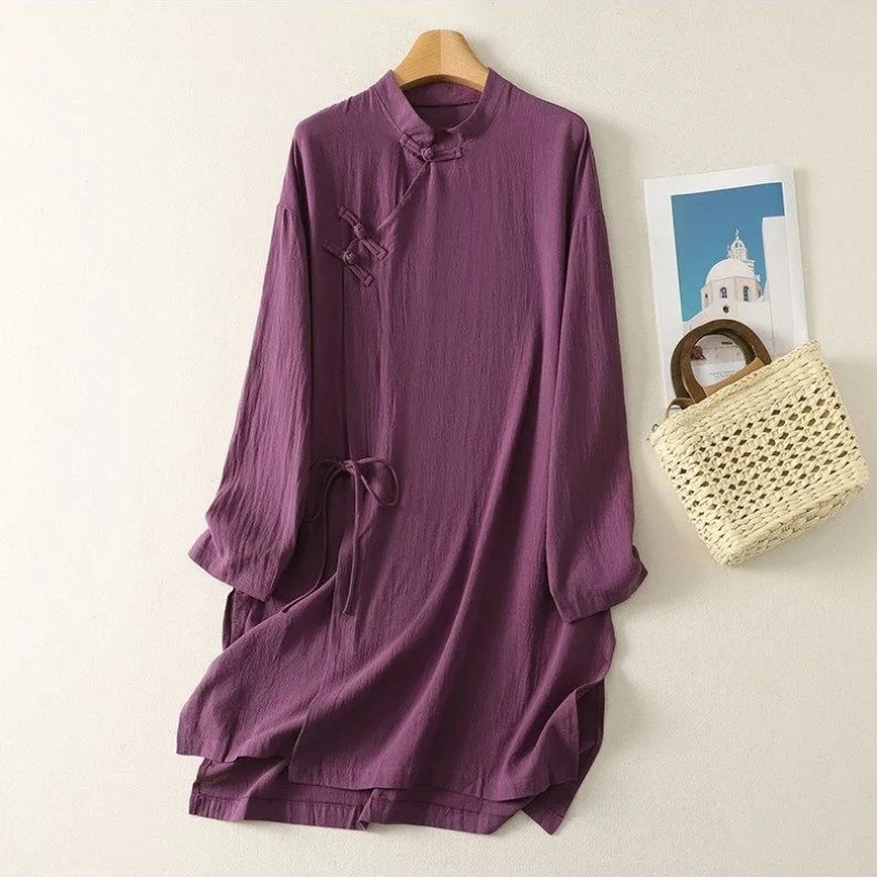 Casual Loose Linen Shirt Dress - ชุดเดรสผ้าลินินสไตล์จีนสำหรับผู้หญิง กระดุมแบบกบ คอตั้ง ผูกเอว แขนยาว สไตล์เซน