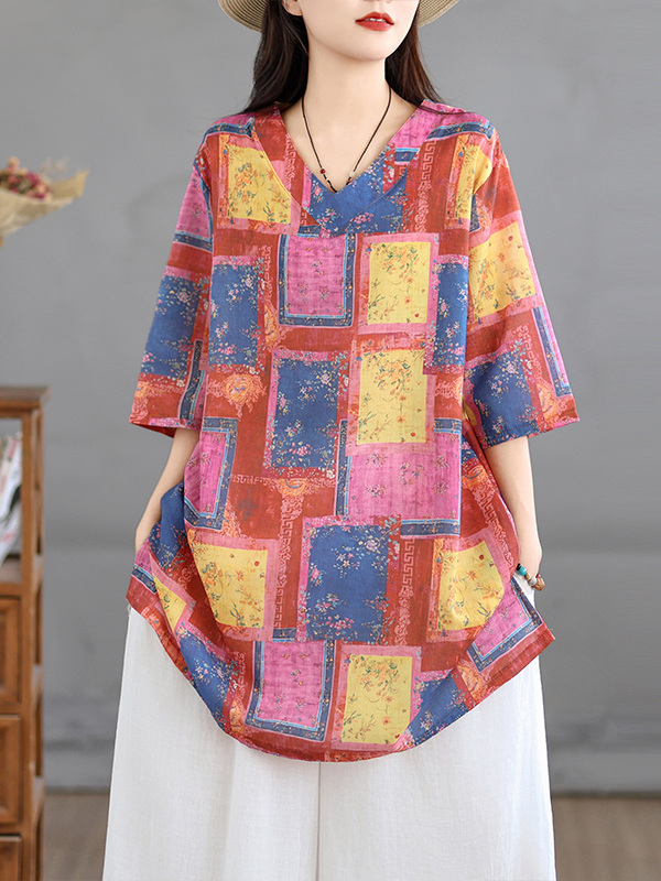 Casual Loose Linen Shirt Dress - เสื้อเชิ้ตเดรสผ้าลินินพิมพ์ลายสไตล์วินเทจ คอวี ทรงหลวม ความยาวปานกลาง ดีไซน์ศิลปะ สำหรับฤดูร้อน