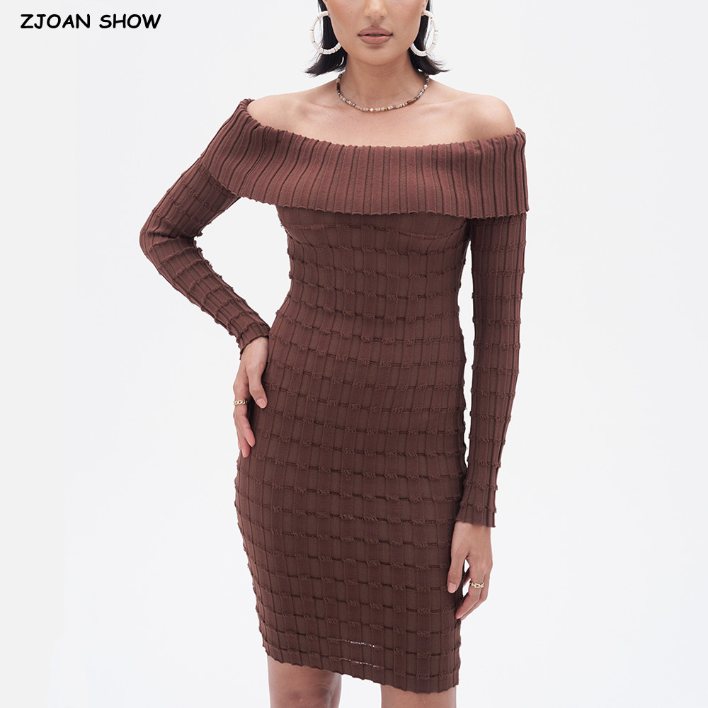 Bodycon Long Sleeve Ribbed Dress - 2025 เซ็กซี่ Ruched Slash ไหล่ Ribbed