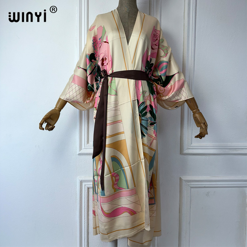Boho Summer Beach Maxi Dress - WINYI ชุดคลุมชายหาดลายพิมพ์ฤดูร้อนสไตล์ตะวันออกกลาง ชุดกิโมโนหรูหราสำหรับผู้หญิงแอฟริกัน โบโฮ คาร์ดิแกน ชุดแม็กซี่สำหรับวันหยุด