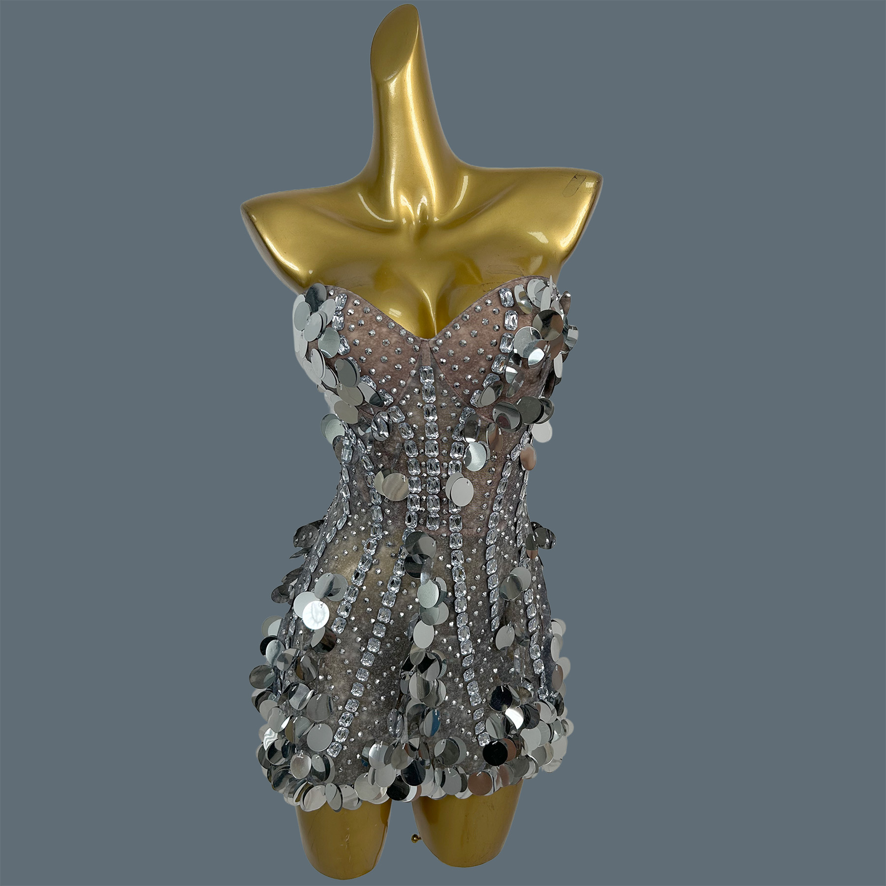 Sparkly Rhinestone Club Party Dress - ชุดมินิเดรสเกาะอกประดับเพชรเทียมและเลื่อมระยิบระยับสำหรับผู้หญิง ชุดค็อกเทลทรงบอดี้คอนผ้าตาข่าย ชุดปาร์ตี้สำหรับสาวฮอต ชุดแสดงบนเวที Daiyin