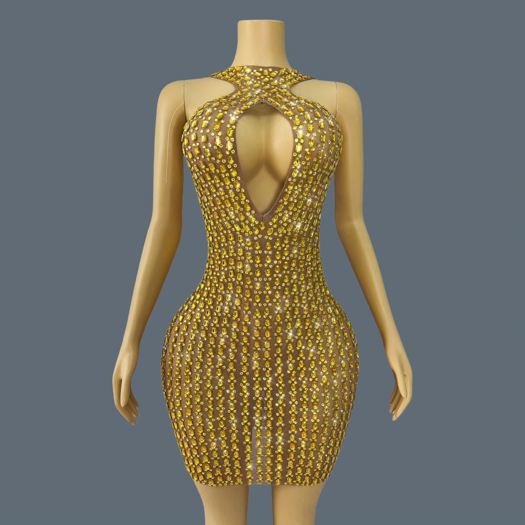Sparkly Rhinestone Club Party Dress - ชุดมินิเดรสเซ็กซี่แบบเว้าช่วงตัว ชุดเดรสรัดรูปแบบพันตัวสำหรับผู้หญิง ชุดราตรีประดับเพชรเทียมสีทองระยิบระยับสำหรับงานปาร์ตี้วันเกิดและคลับ liusixian