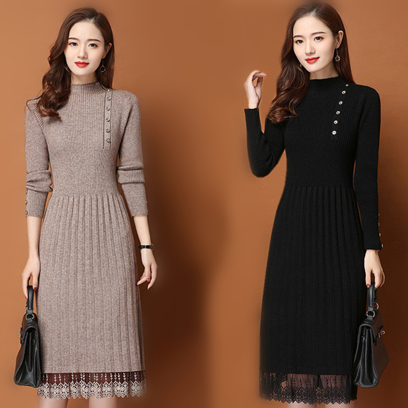 Bodycon Long Sleeve Ribbed Dress - ลูกไม้ Hem ปุ่มผู้หญิงฤดูใบไม้ร่วงฤดูหนาวเสื้อกันหนาวถักสายชุด Ribbed Slim Elastic