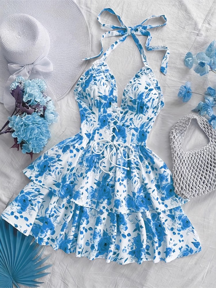 French Vintage Floral Midi Dress - ชุดเดรสสั้นสไตล์วินเทจสำหรับผู้หญิง ลายดอกกุหลาบสีน้ำ แฟชั่นสำหรับวันพักผ่อน สายคล้องคอ ผูกเชือก แต่งระบาย