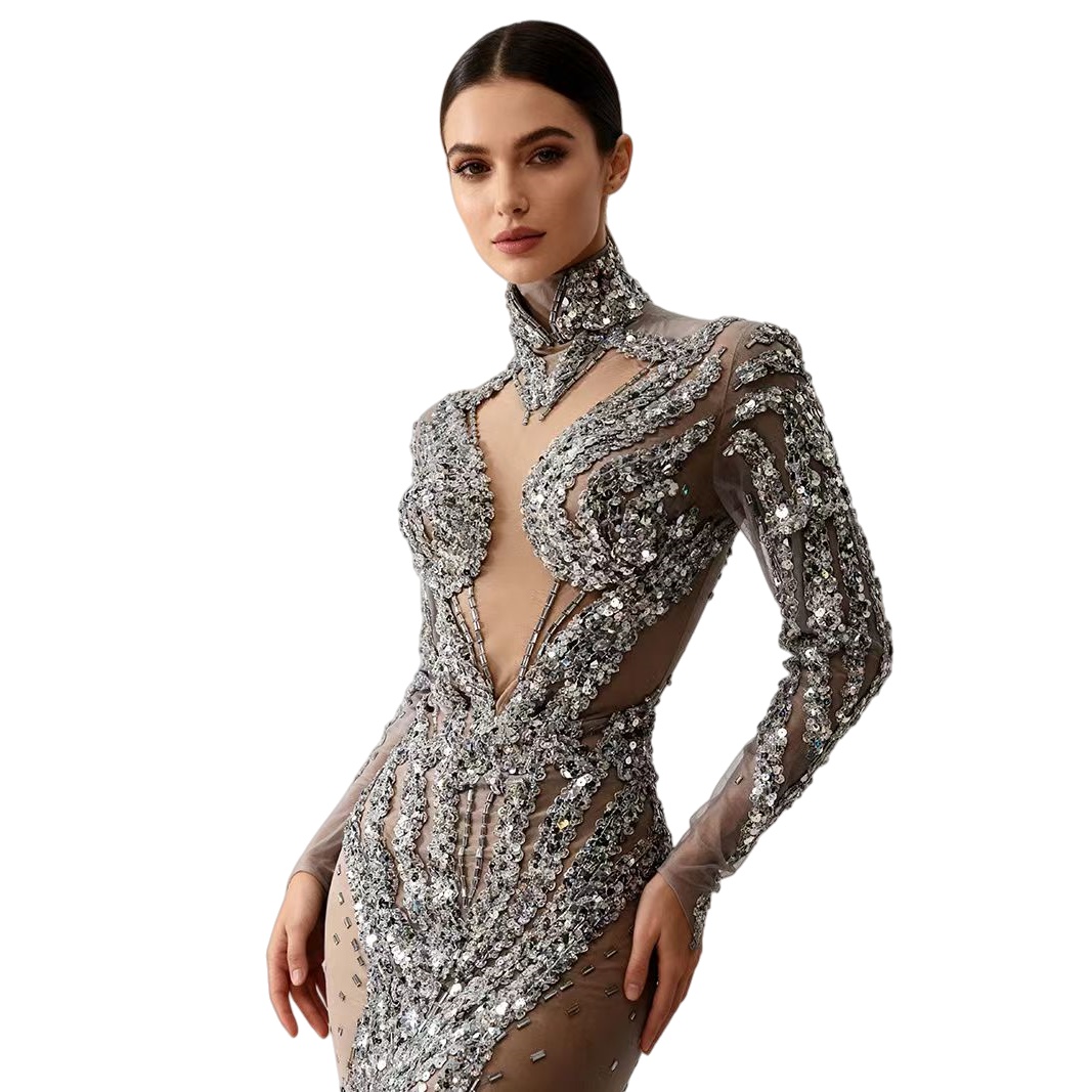 Sparkly Rhinestone Club Party Dress - ชุดมินิเดรสซีทรูประดับเลื่อมสีเงินวิบวับ สำหรับงานปาร์ตี้กลางคืน ชุดสาวแซ่บ ชุดแสดงบนเวที ประดับคริสตัล Feixiang
