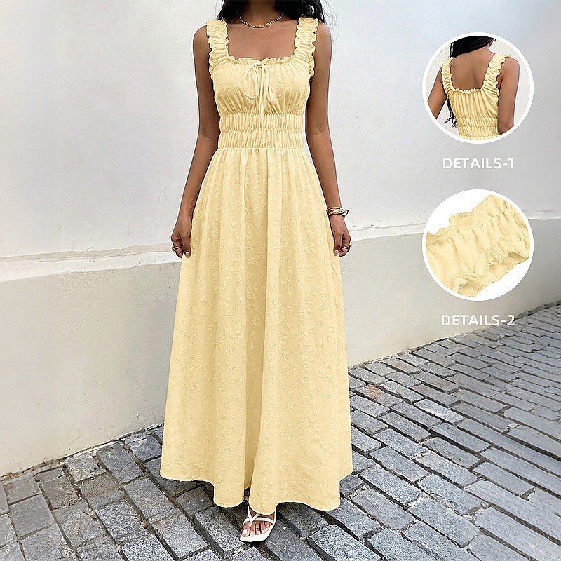 Boho Summer Beach Maxi Dress - เดรสแขนกุดคอเหลี่ยมสไตล์วินเทจฝรั่งเศสสำหรับฤดูร้อน เดรสยาวสไตล์โบโฮสำหรับวันพักผ่อนริมชายหาด เดรสยาวพลิ้วไหวสำหรับผู้หญิง