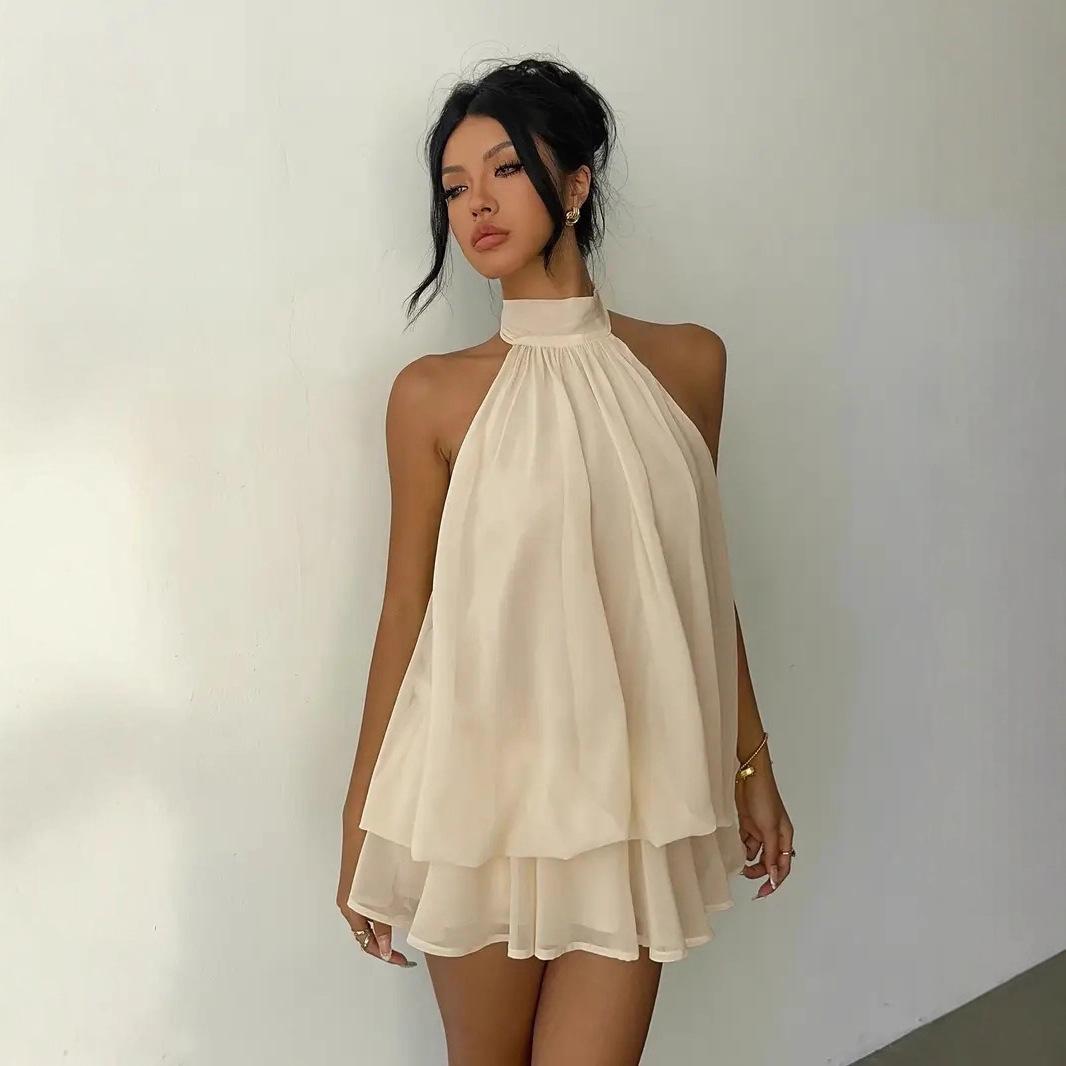 Y2K Backless Halter Mini Dress - เดรสผู้หญิงแบบผูกคอ เปิดหลัง ผูกด้านหน้า ผ้าชีฟองบางเบา กระโปรงสั้น แฟชั่น