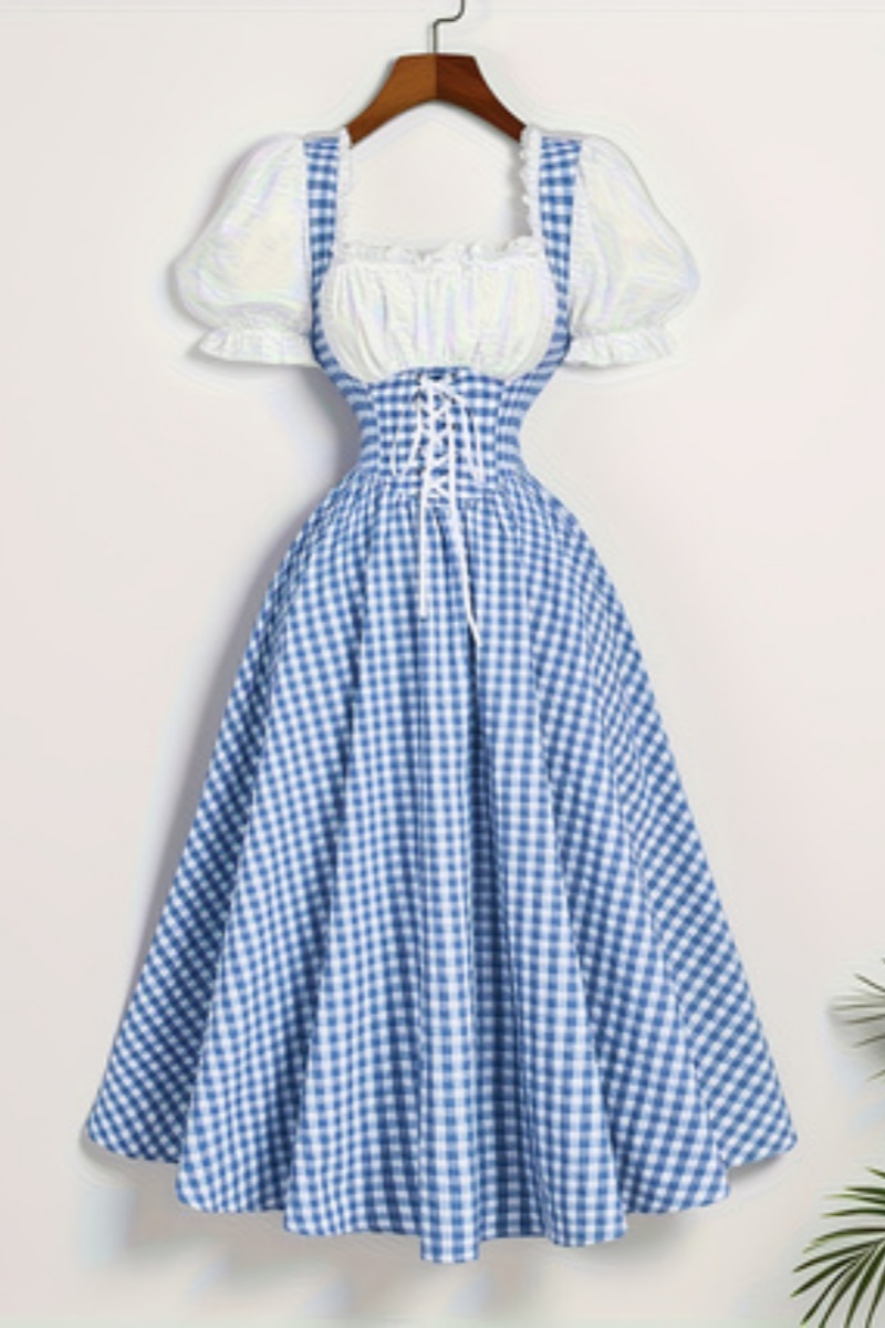 French Vintage Floral Midi Dress - ชุดเดรสแฟชั่นสตรีสีน้ำเงินและสีขาวลายตารางต่อผ้าคาดเอว