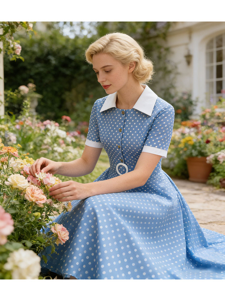 French Vintage Floral Midi Dress - ชุดเดรสฤดูร้อนสไตล์วินเทจสำหรับผู้หญิง ลายจุด คอปีเตอร์แพน แขนสั้นทรงเอไลน์ สำหรับงานเลี้ยงอาหารค่ำและงานปาร์ตี้