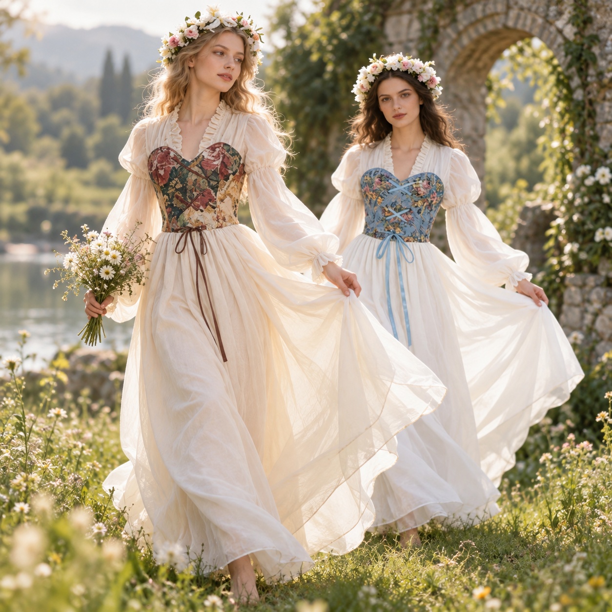 Dresses - ชุดเดรสเอวสูงสไตล์เรอเนซองส์ พร้อมชุดคอร์เซ็ต สำหรับการแสดงบนเวทีในยุคกลาง ชุดนางฟ้า ธีมแฟนตาซี ชุดคอสตูมสำหรับชายและหญิง