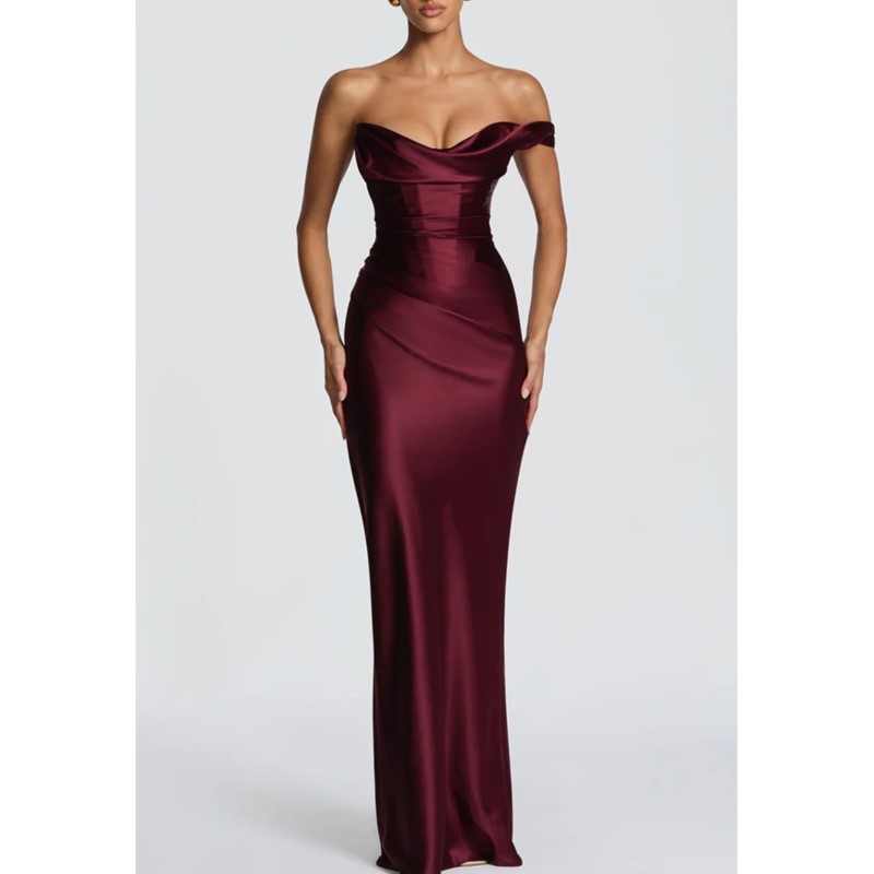 Elegant Satin Evening Gown Split - เดรสผ้าซาตินทรงเข้ารูปเซ็กซี่ ดีไซน์เก๋ไก๋ จับจีบ ไหล่เดียว เปิดหลัง เอวสูง