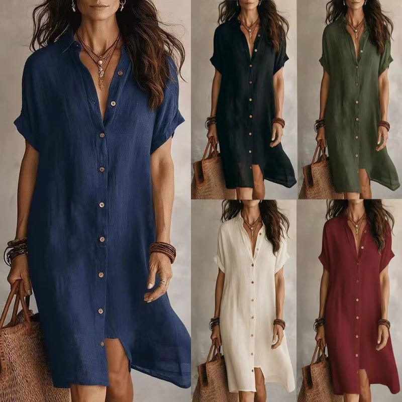 Casual Loose Linen Shirt Dress - เดรสเชิ้ตแขนสั้นสีพื้นทรงหลวมระบายอากาศดีสไตล์ลำลองสำหรับผู้หญิง รุ่นใหม่สำหรับฤดูร้อน สไตล์โบฮีเมียน เหมาะสำหรับใส่ไปทำงาน
