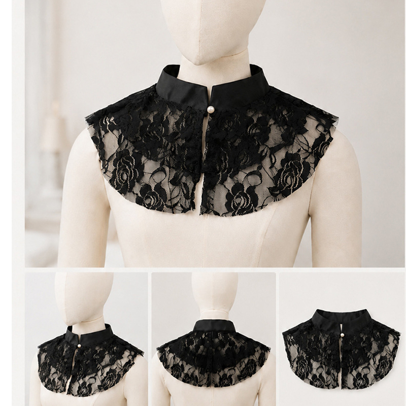 Dresses - ผ้าคลุมไหล่คอปกปลอมลายลูกไม้ดอกไม้สุดหรูสำหรับผู้หญิง คอปกตั้ง ถอดออกได้ ใช้ตกแต่งคอเสื้อเชิ้ต เสื้อสเวตเตอร์ หรือชุดเดรส