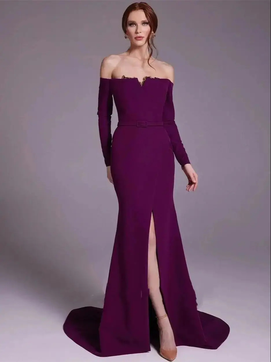 Elegant Satin Evening Gown Split - ชุดราตรีเปิดไหล่ผ้าซาตินสีม่วงหรูหราสำหรับงานค็อกเทลชุดออกงานชุดออกงานกลางคืนอาหรับ