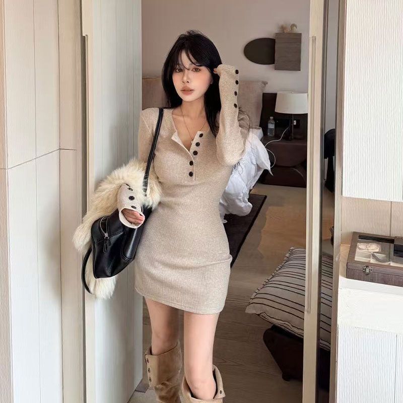 เดรสไหมพรมรัดรูปสไตล์เกาหลีสำห - Bodycon Long Sleeve Ribbed Dress บทวิจารณ์และราคา