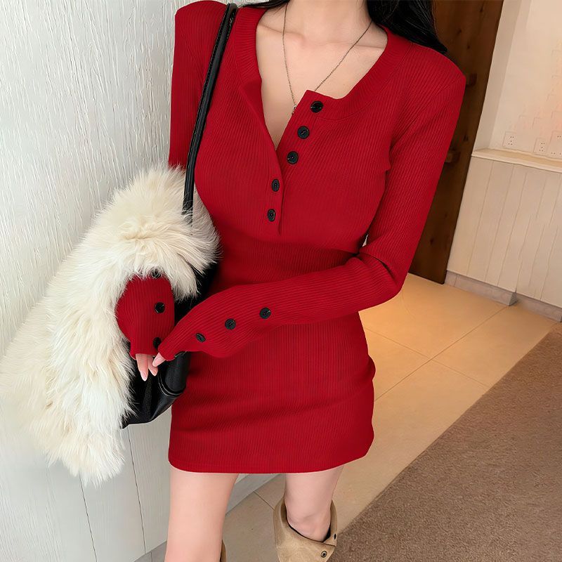 เดรสไหมพรมรัดรูปสไตล์เกาหลีสำห - Bodycon Long Sleeve Ribbed Dress บทวิจารณ์และราคา