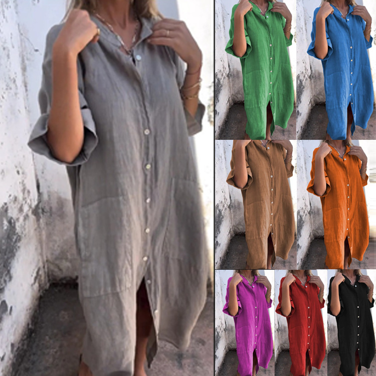 เดรสเชิ้ตผู้หญิงสไตล์ Old Mone - Casual Loose Linen Shirt Dress บทวิจารณ์และราคา