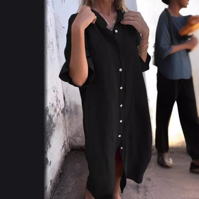 เดรสเชิ้ตผู้หญิงสไตล์ Old Mone - Casual Loose Linen Shirt Dress บทวิจารณ์และราคา